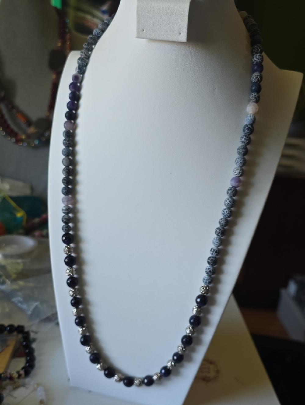 Delicate Purple and Gray Beaded Necklace with Silver Accents